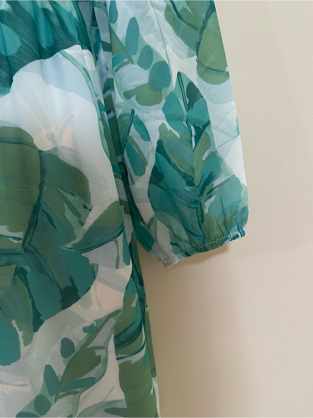 Soft Surroundings Teal and Green Leaf-Print Wrap Dress - Picture 3 of 9